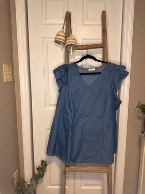 Chic Soul Denim-Blue Ruffle Sleeve V-Neck Blouse